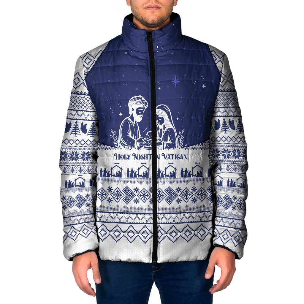 Vatican Christmas Padded Jacket with Holy Family Nativity Scene Snowflake Pattern and Starry Night - Wonder Print Shop