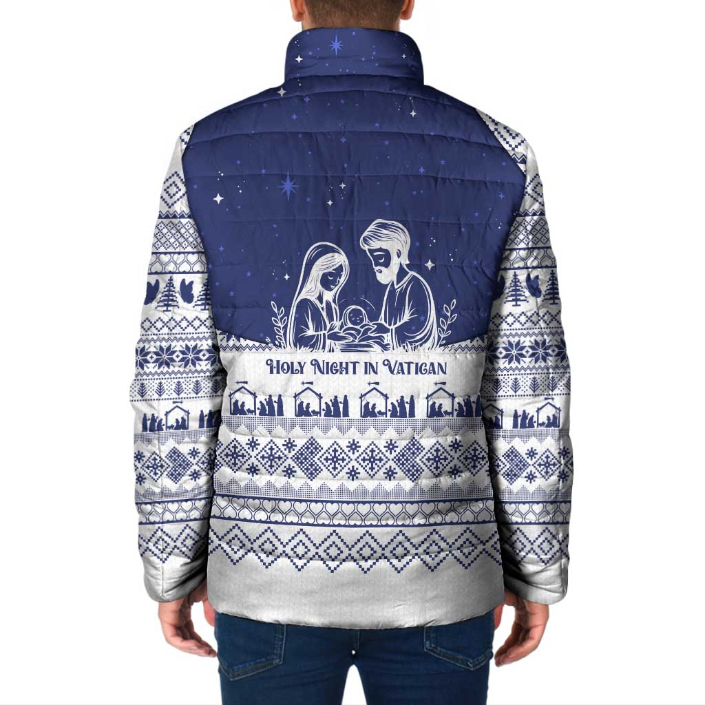 Vatican Christmas Padded Jacket with Holy Family Nativity Scene Snowflake Pattern and Starry Night - Wonder Print Shop