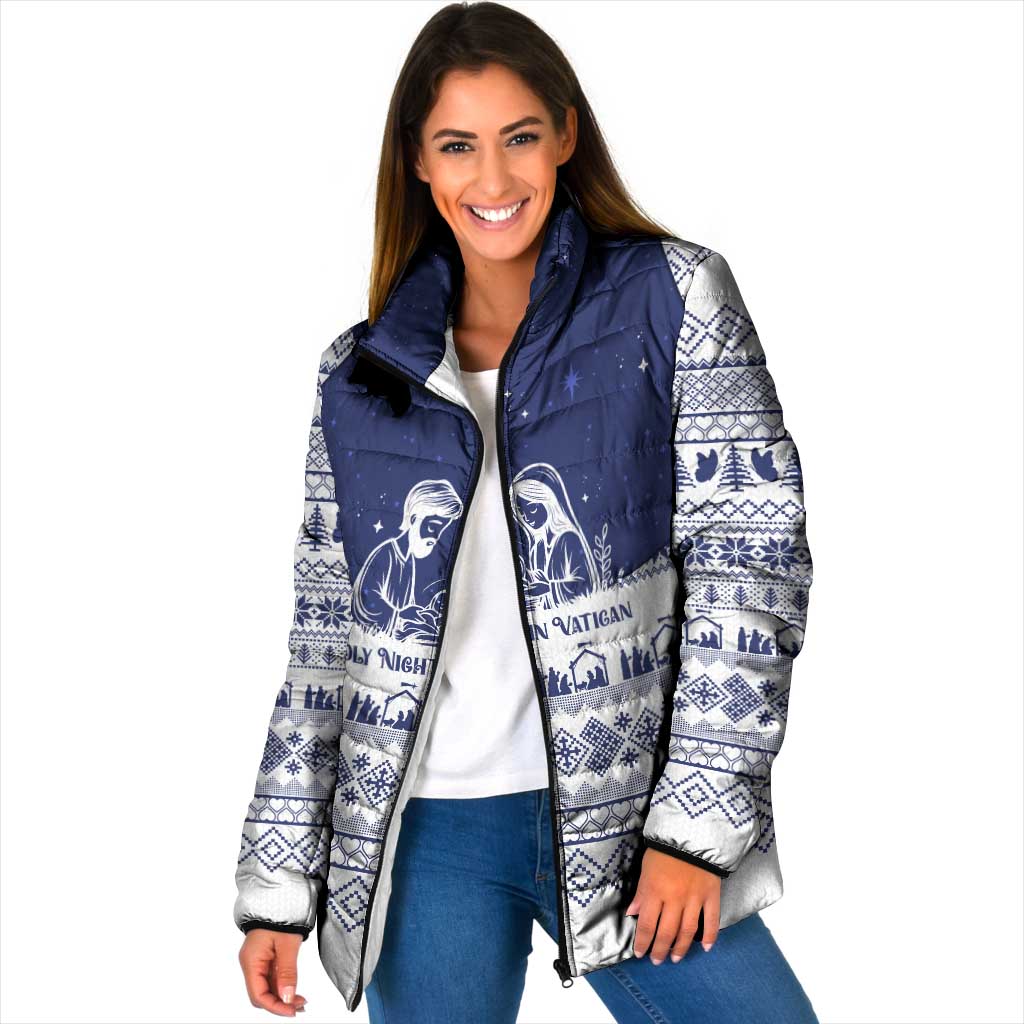 Vatican Christmas Padded Jacket with Holy Family Nativity Scene Snowflake Pattern and Starry Night - Wonder Print Shop