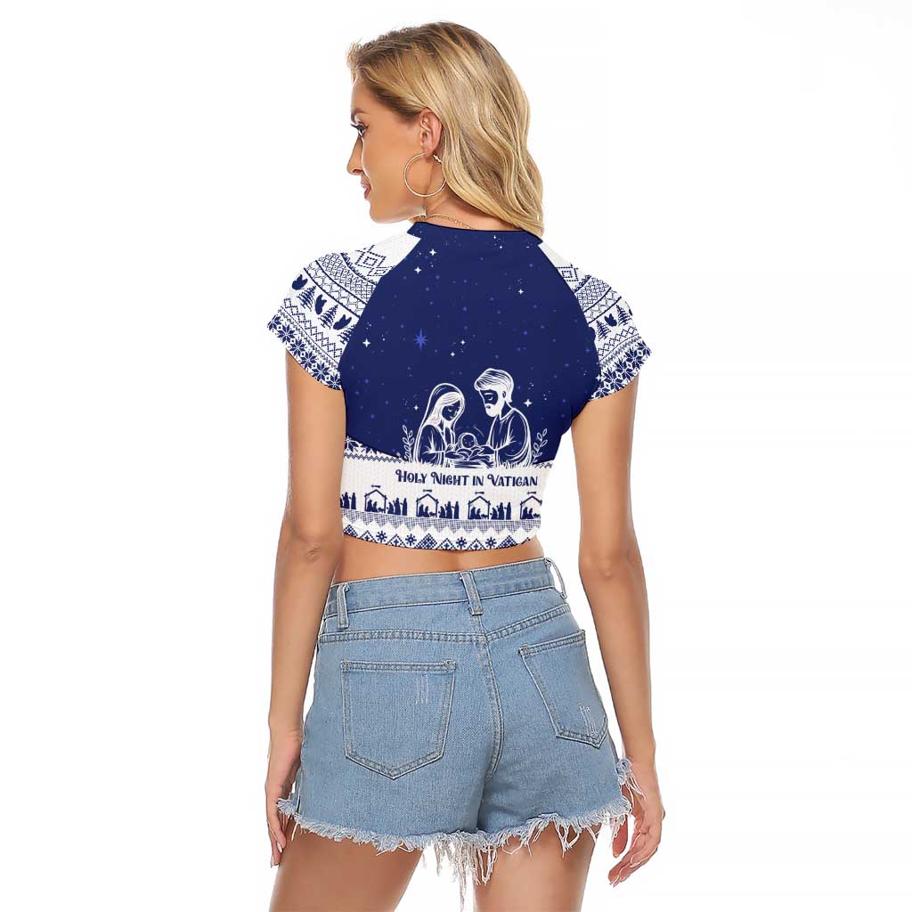 Vatican Christmas Raglan Cropped T Shirt with Holy Family Nativity Scene Snowflake Pattern and Starry Night - Wonder Print Shop