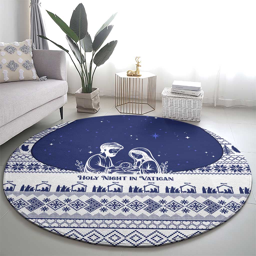 Vatican Christmas Round Carpet with Holy Family Nativity Scene Snowflake Pattern and Starry Night - Wonder Print Shop