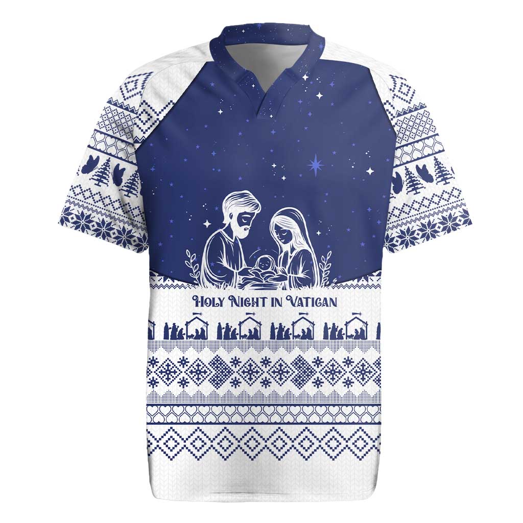 Vatican Christmas Rugby Jersey with Holy Family Nativity Scene Snowflake Pattern and Starry Night - Wonder Print Shop