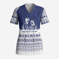 Vatican Christmas Scrub Top with Holy Family Nativity Scene Snowflake Pattern and Starry Night - Wonder Print Shop