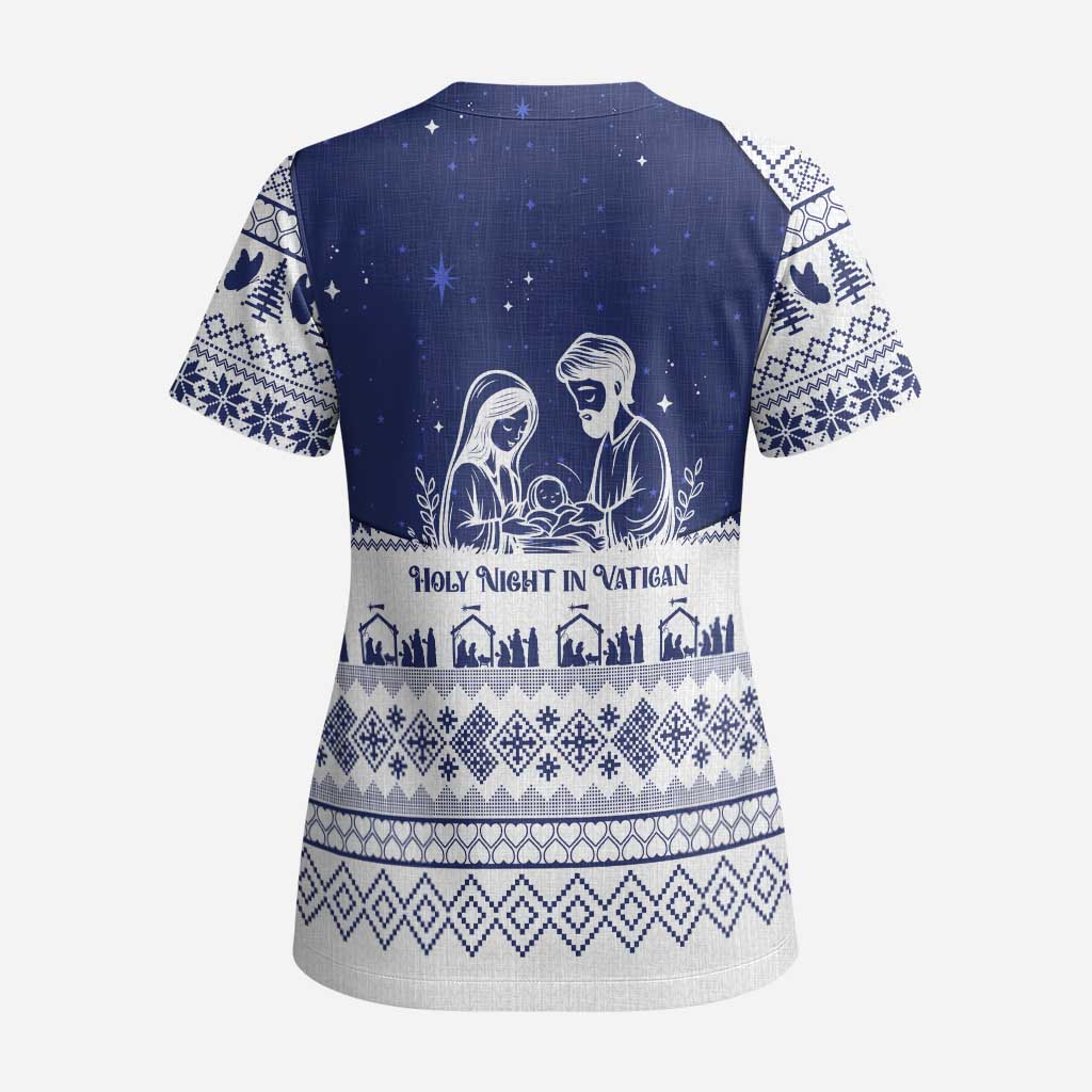 Vatican Christmas Scrub Top with Holy Family Nativity Scene Snowflake Pattern and Starry Night - Wonder Print Shop