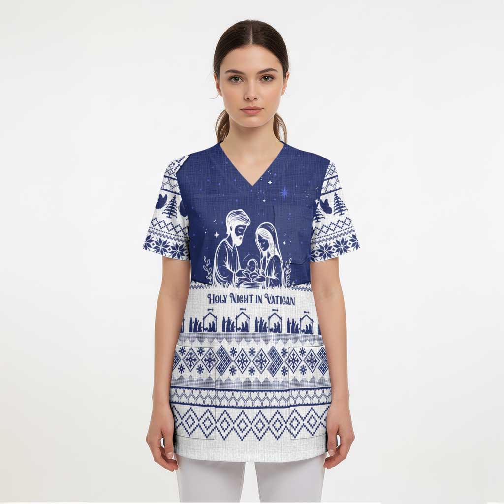 Vatican Christmas Scrub Top with Holy Family Nativity Scene Snowflake Pattern and Starry Night - Wonder Print Shop