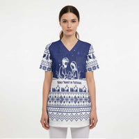 Vatican Christmas Scrub Top with Holy Family Nativity Scene Snowflake Pattern and Starry Night - Wonder Print Shop