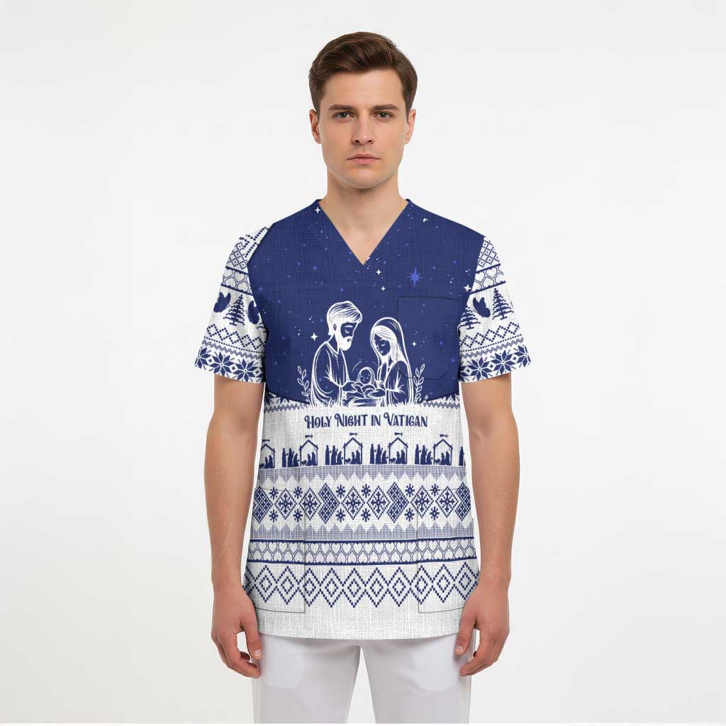 Vatican Christmas Scrub Top with Holy Family Nativity Scene Snowflake Pattern and Starry Night - Wonder Print Shop