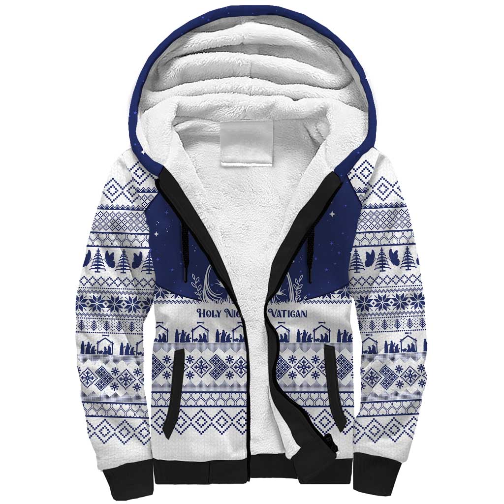 Vatican Christmas Sherpa Hoodie with Holy Family Nativity Scene Snowflake Pattern and Starry Night - Wonder Print Shop