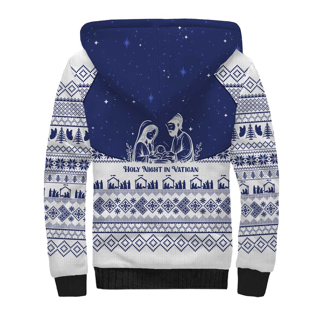 Vatican Christmas Sherpa Hoodie with Holy Family Nativity Scene Snowflake Pattern and Starry Night - Wonder Print Shop
