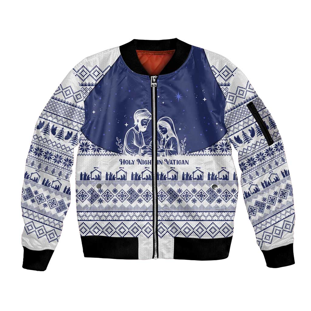 Vatican Christmas Sleeve Zip Bomber Jacket with Holy Family Nativity Scene Snowflake Pattern and Starry Night - Wonder Print Shop