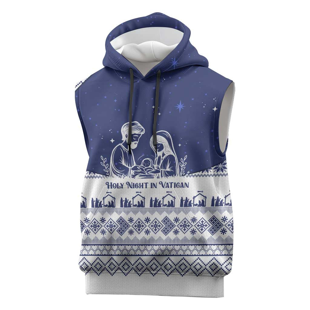 Vatican Christmas Sleeveless Hoodie with Holy Family Nativity Scene Snowflake Pattern and Starry Night - Wonder Print Shop