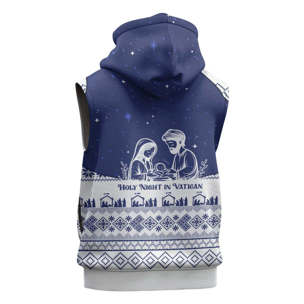 Vatican Christmas Sleeveless Hoodie with Holy Family Nativity Scene Snowflake Pattern and Starry Night - Wonder Print Shop