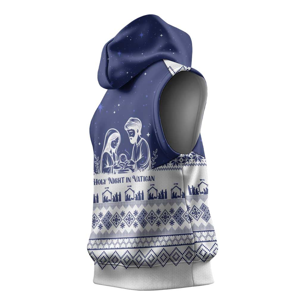 Vatican Christmas Sleeveless Hoodie with Holy Family Nativity Scene Snowflake Pattern and Starry Night - Wonder Print Shop