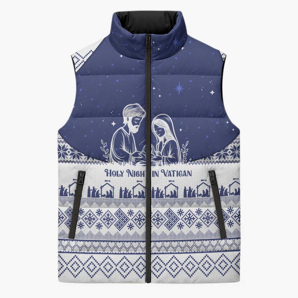Vatican Christmas Sleeveless Puffer Jacket with Holy Family Nativity Scene Snowflake Pattern and Starry Night - Wonder Print Shop