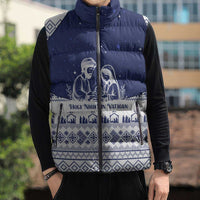 Vatican Christmas Sleeveless Puffer Jacket with Holy Family Nativity Scene Snowflake Pattern and Starry Night - Wonder Print Shop