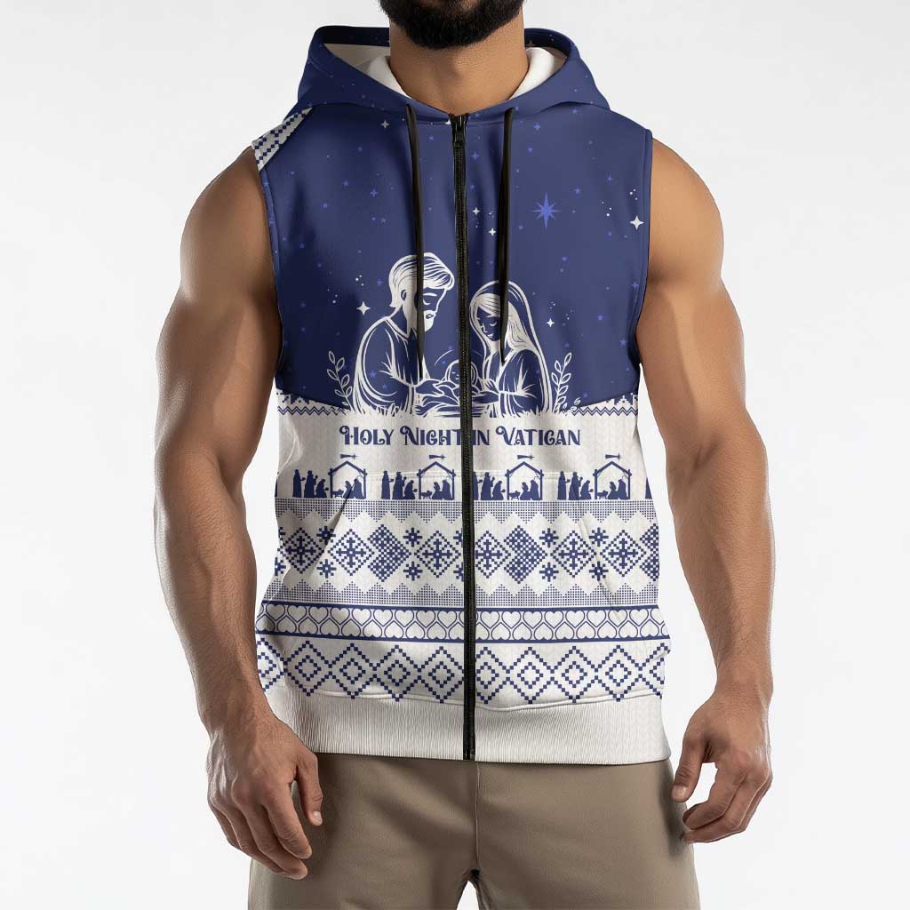 Vatican Christmas Sleeveless Zip Hoodie with Holy Family Nativity Scene Snowflake Pattern and Starry Night - Wonder Print Shop