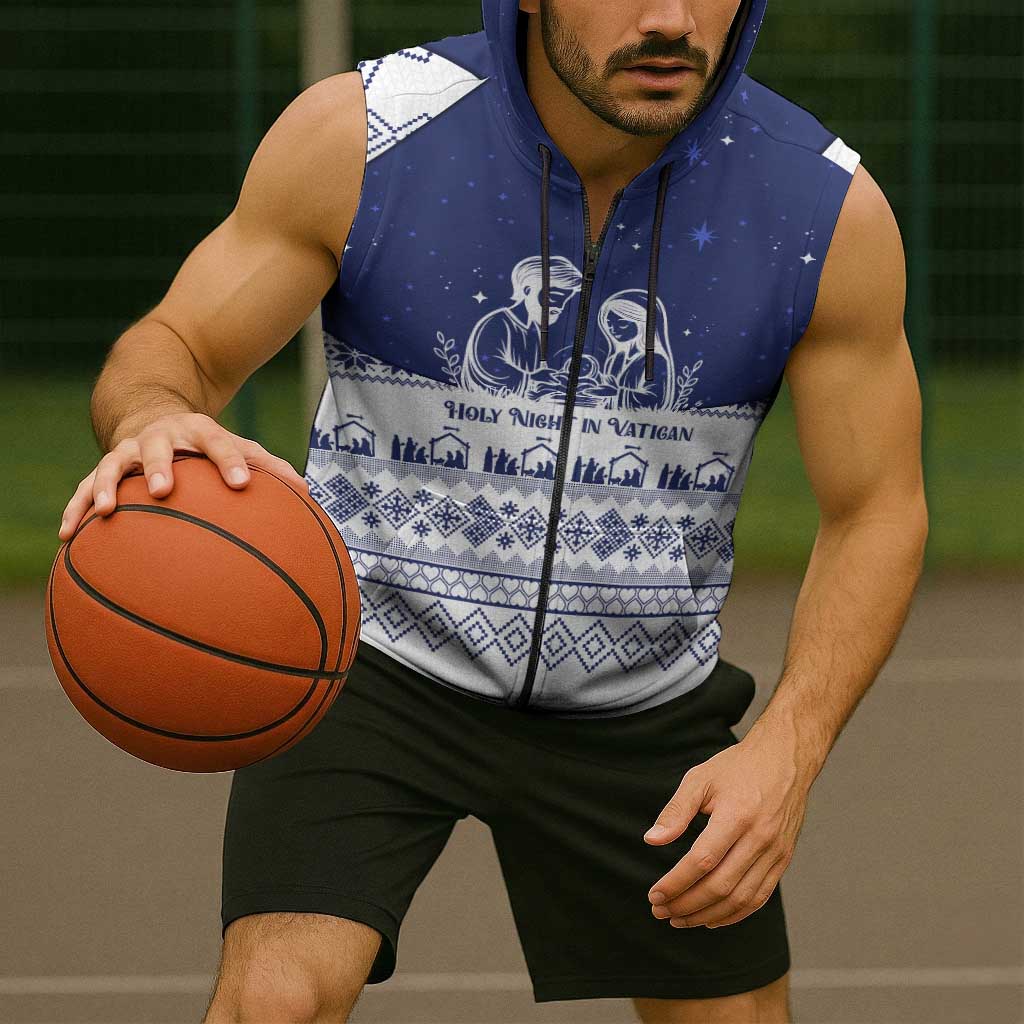 Vatican Christmas Sleeveless Zip Hoodie with Holy Family Nativity Scene Snowflake Pattern and Starry Night - Wonder Print Shop