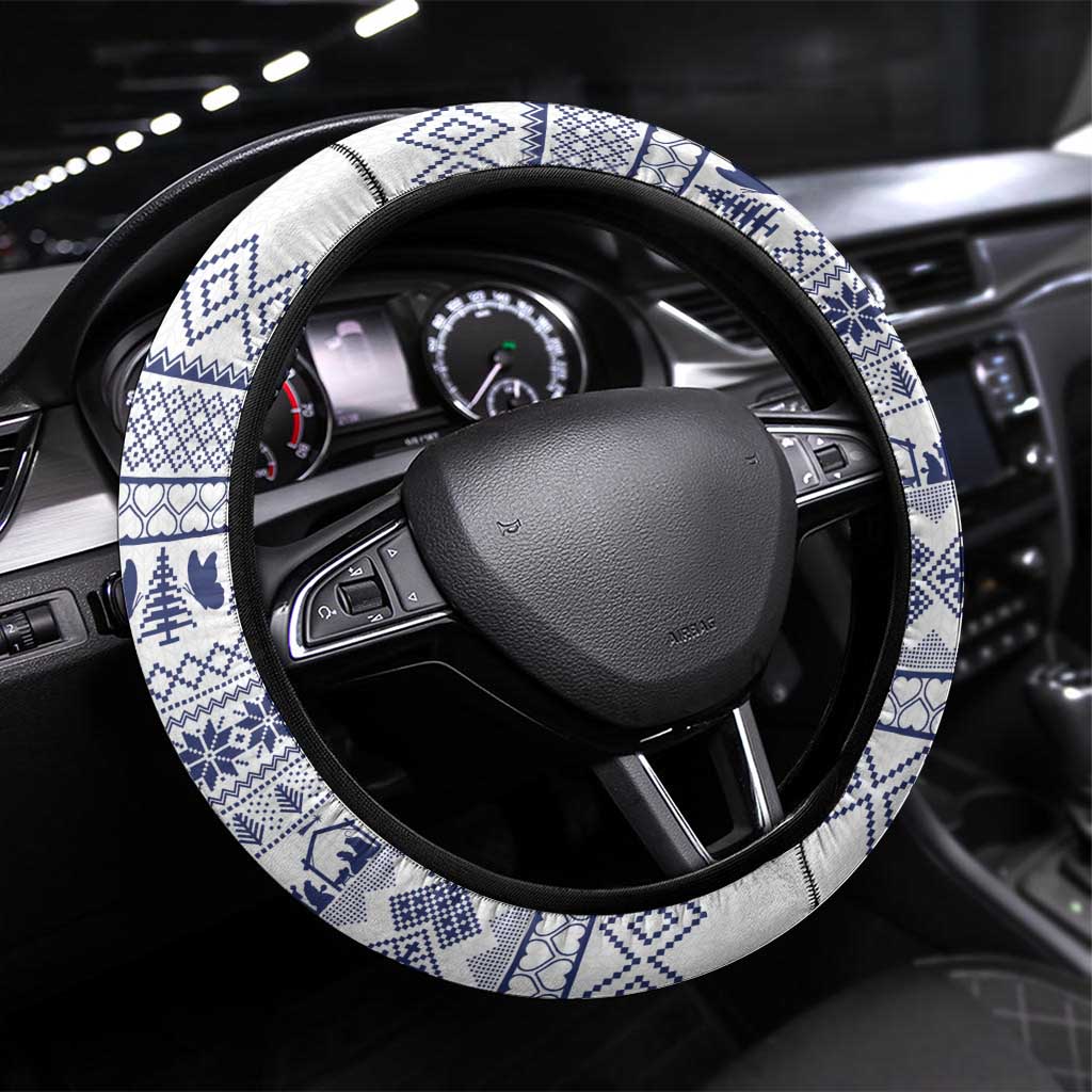 Vatican Christmas Steering Wheel Cover with Holy Family Nativity Scene Snowflake Pattern and Starry Night - Wonder Print Shop