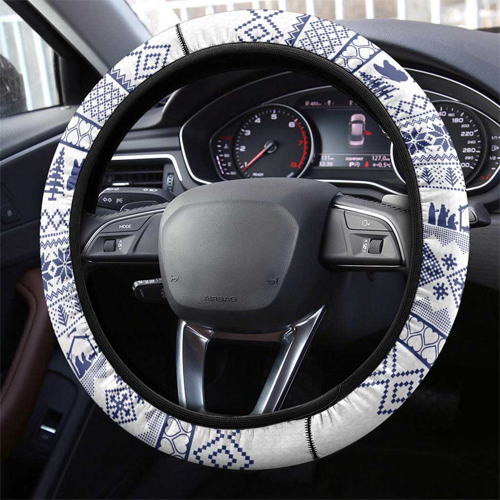 Vatican Christmas Steering Wheel Cover with Holy Family Nativity Scene Snowflake Pattern and Starry Night - Wonder Print Shop
