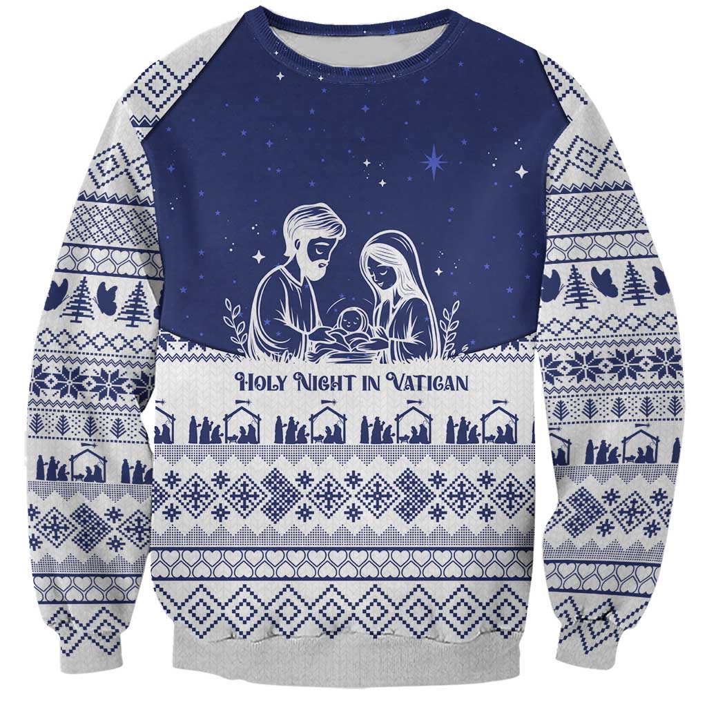 Vatican Christmas Sweatshirt with Holy Family Nativity Scene Snowflake Pattern and Starry Night - Wonder Print Shop