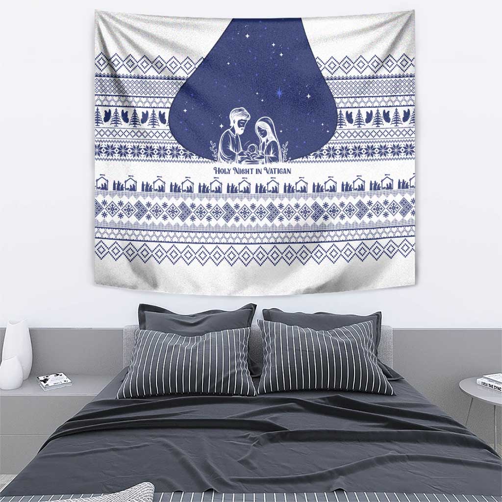 Vatican Christmas Tapestry with Holy Family Nativity Scene Snowflake Pattern and Starry Night - Wonder Print Shop