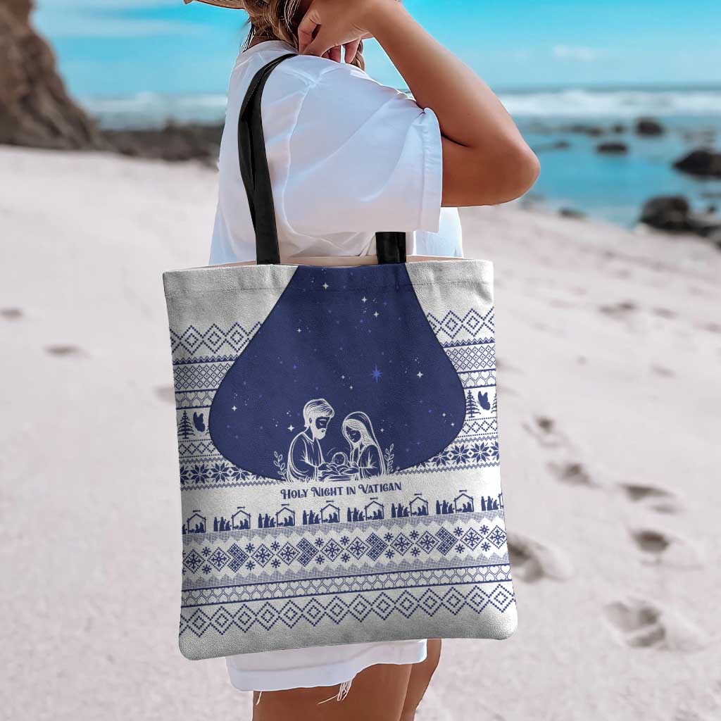 Vatican Christmas Tote Bag with Holy Family Nativity Scene Snowflake Pattern and Starry Night - undefined