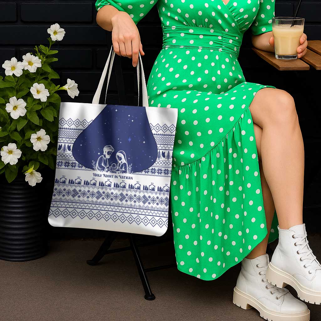 Vatican Christmas Tote Bag with Holy Family Nativity Scene Snowflake Pattern and Starry Night - undefined