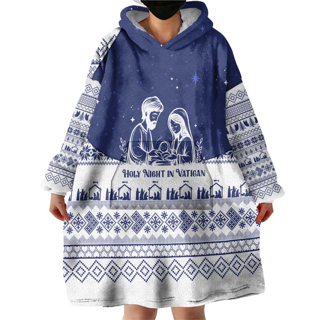 Vatican Christmas Wearable Blanket Hoodie with Holy Family Nativity Scene Snowflake Pattern and Starry Night - Wonder Print Shop