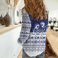 Vatican Christmas Women Casual Shirt with Holy Family Nativity Scene Snowflake Pattern and Starry Night - Wonder Print Shop