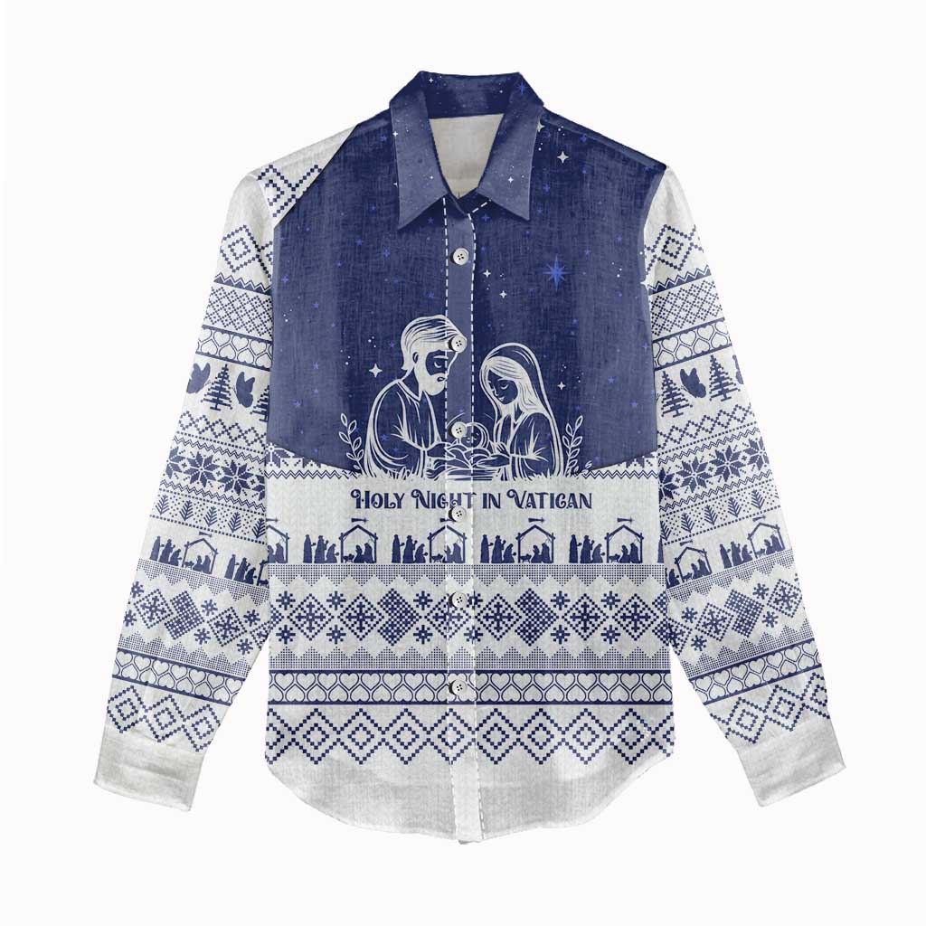 Vatican Christmas Women Casual Shirt with Holy Family Nativity Scene Snowflake Pattern and Starry Night - Wonder Print Shop