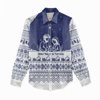Vatican Christmas Women Casual Shirt with Holy Family Nativity Scene Snowflake Pattern and Starry Night - Wonder Print Shop