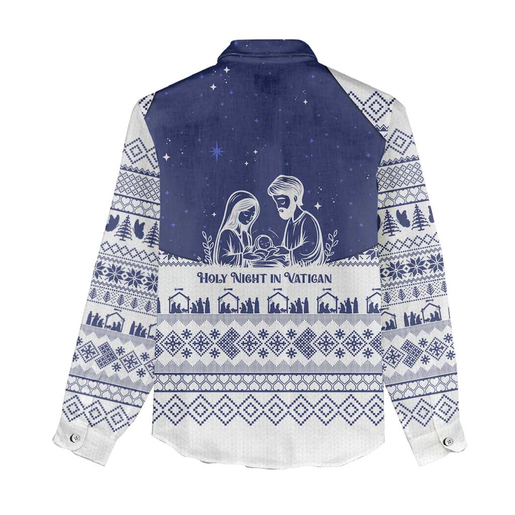Vatican Christmas Women Casual Shirt with Holy Family Nativity Scene Snowflake Pattern and Starry Night - Wonder Print Shop