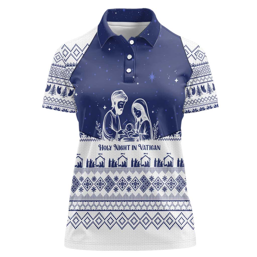 Vatican Christmas Women Polo Shirt with Holy Family Nativity Scene Snowflake Pattern and Starry Night - Wonder Print Shop