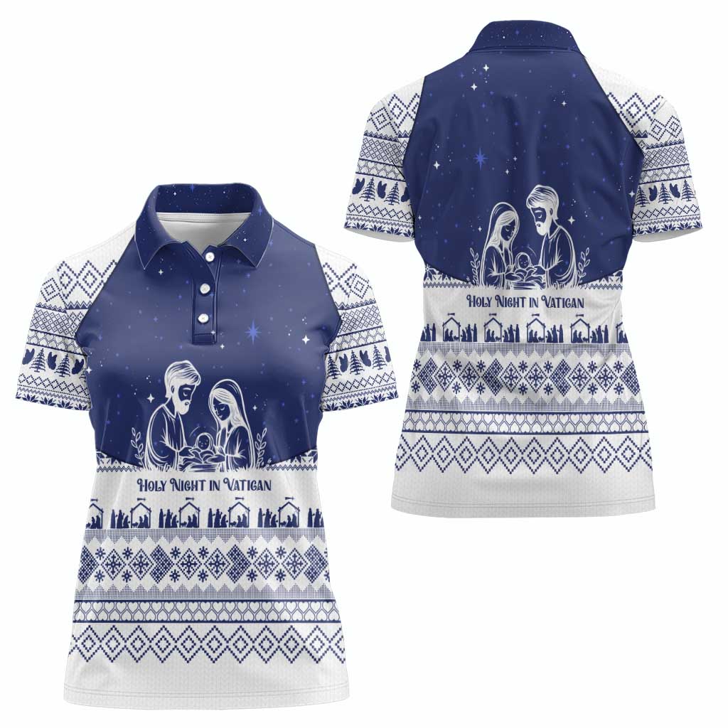 Vatican Christmas Women Polo Shirt with Holy Family Nativity Scene Snowflake Pattern and Starry Night - Wonder Print Shop