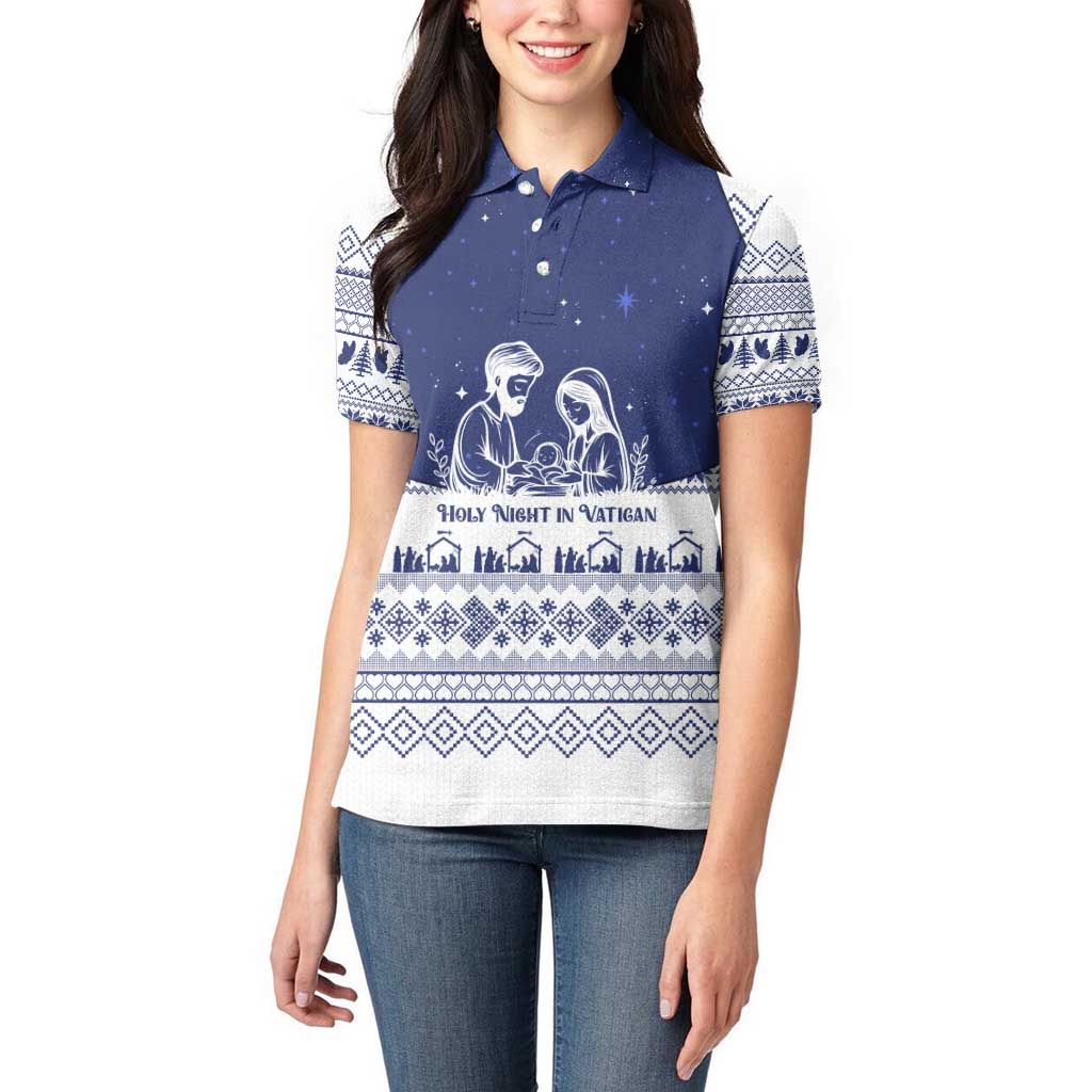 Vatican Christmas Women Polo Shirt with Holy Family Nativity Scene Snowflake Pattern and Starry Night - Wonder Print Shop