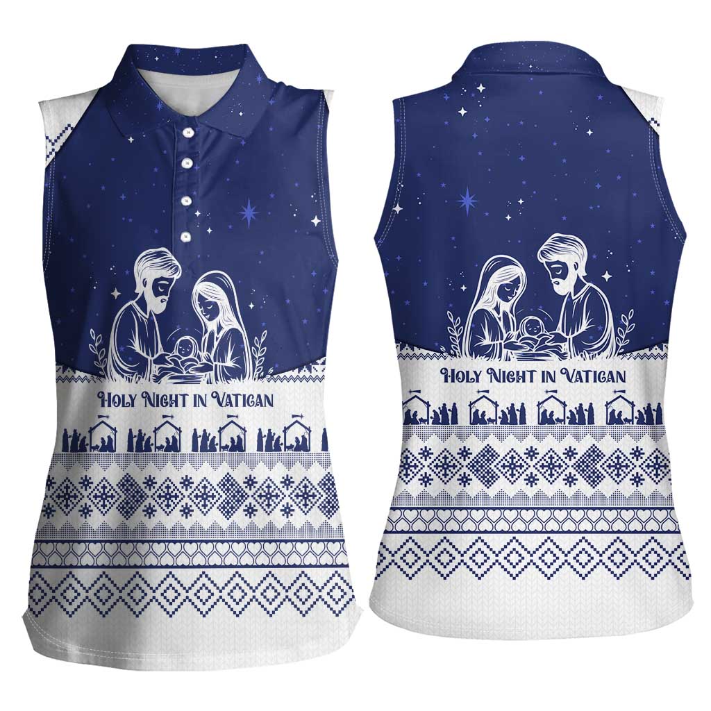 Vatican Christmas Women Sleeveless Polo Shirt with Holy Family Nativity Scene Snowflake Pattern and Starry Night - Wonder Print Shop