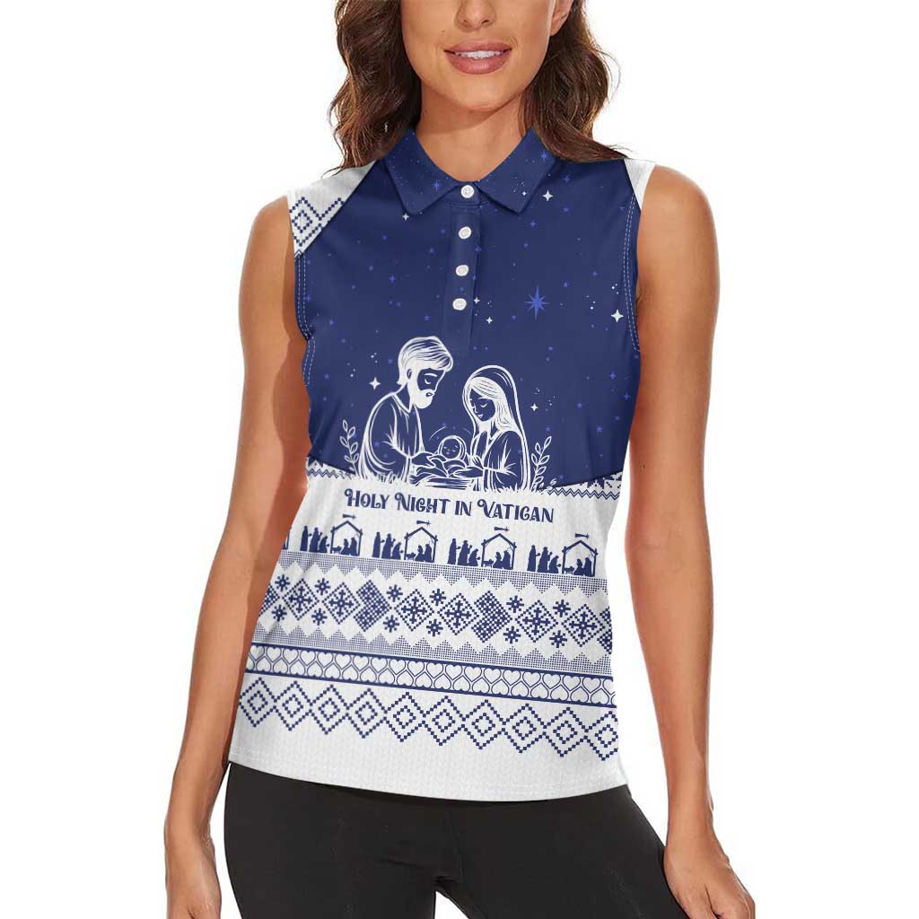 Vatican Christmas Women Sleeveless Polo Shirt with Holy Family Nativity Scene Snowflake Pattern and Starry Night - Wonder Print Shop
