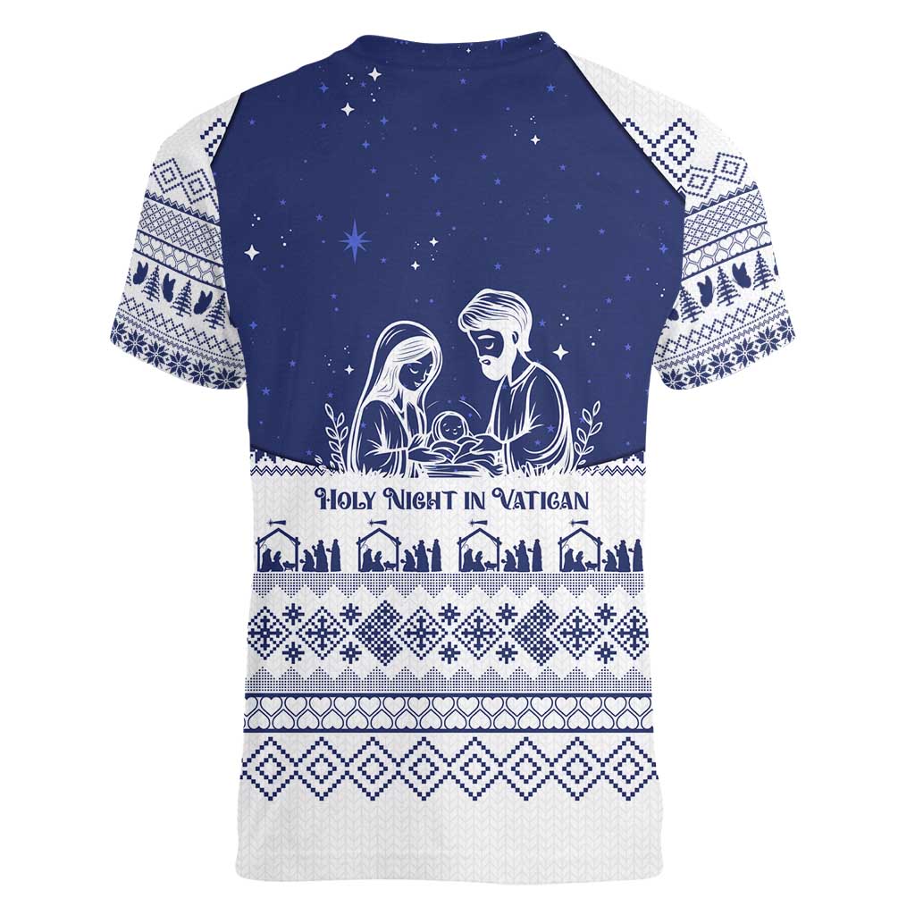 Vatican Christmas Women V-Neck T-Shirt with Holy Family Nativity Scene Snowflake Pattern and Starry Night - Wonder Print Shop