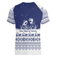 Vatican Christmas Women V-Neck T-Shirt with Holy Family Nativity Scene Snowflake Pattern and Starry Night - Wonder Print Shop