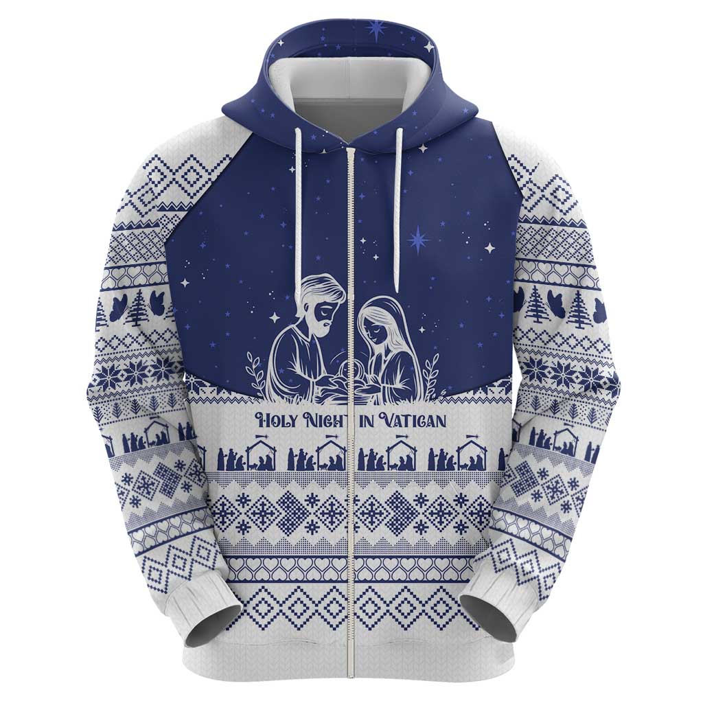 Vatican Christmas Zip Hoodie with Holy Family Nativity Scene Snowflake Pattern and Starry Night - Wonder Print Shop