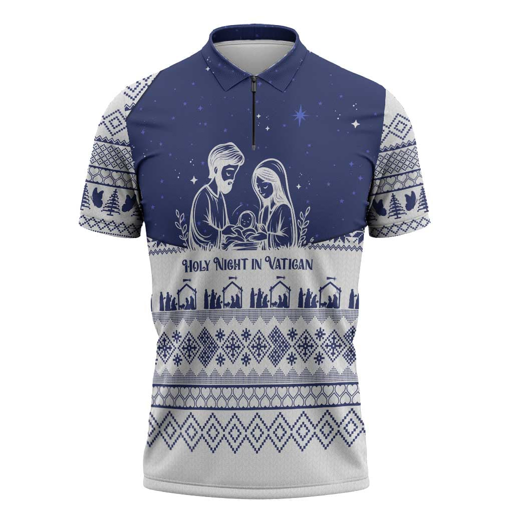Vatican Christmas Zipper Polo Shirt with Holy Family Nativity Scene Snowflake Pattern and Starry Night - Wonder Print Shop