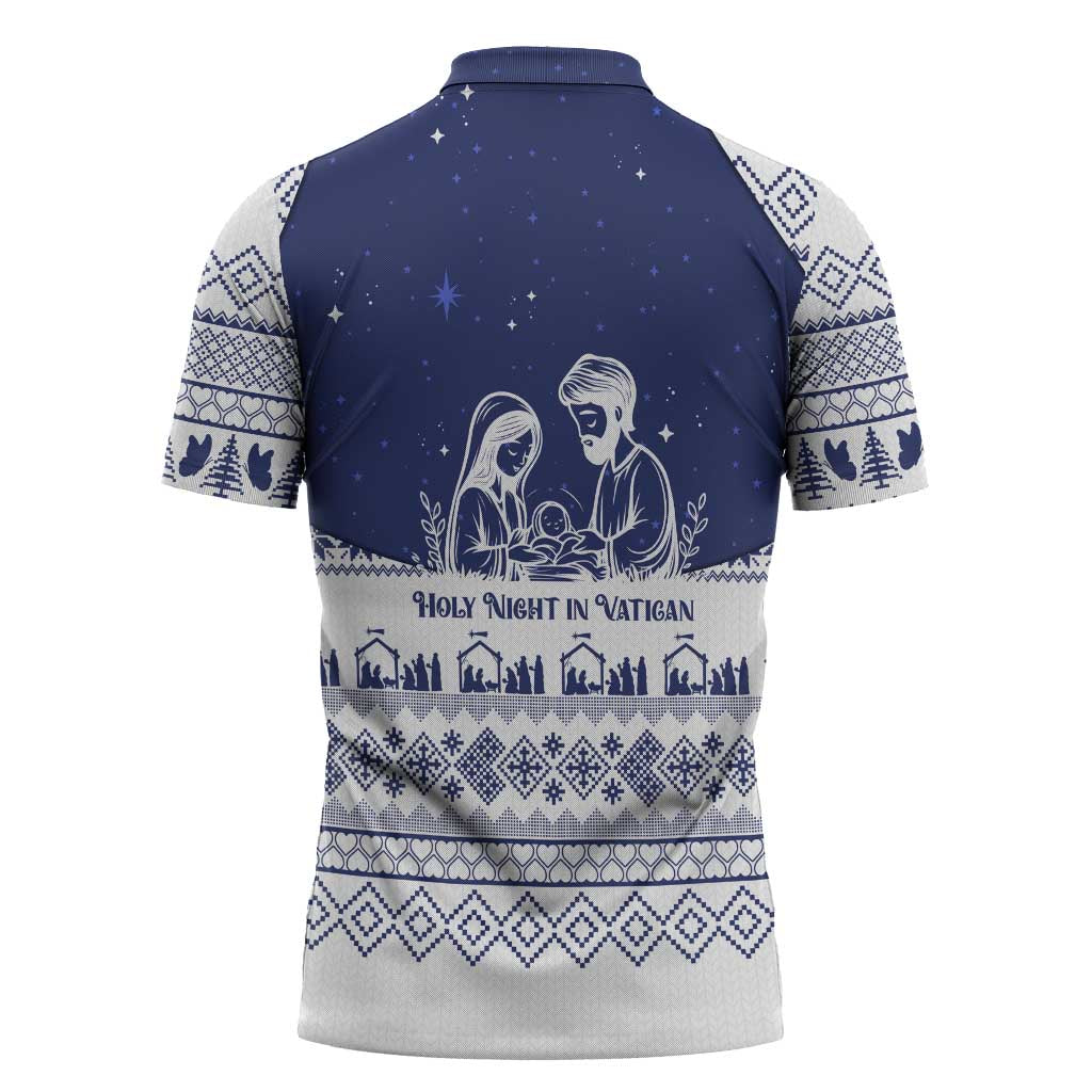 Vatican Christmas Zipper Polo Shirt with Holy Family Nativity Scene Snowflake Pattern and Starry Night - Wonder Print Shop