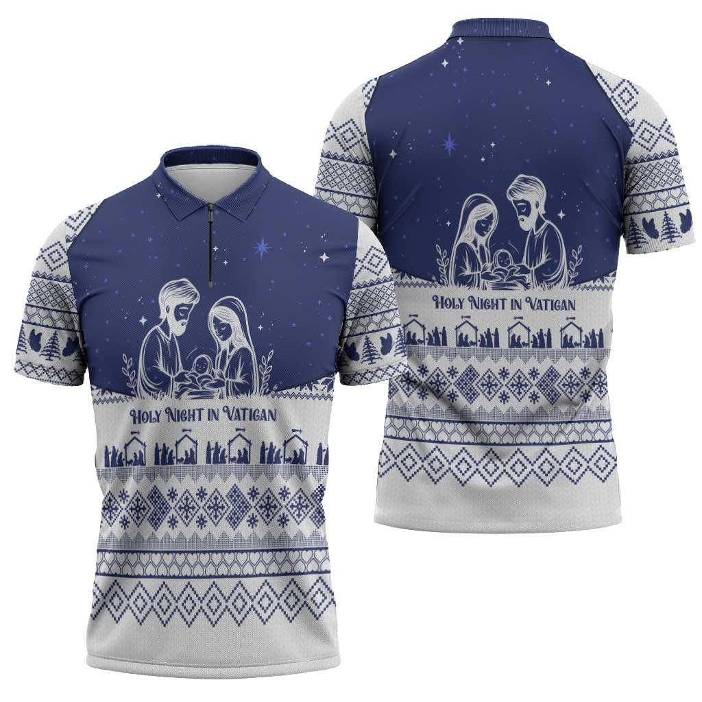 Vatican Christmas Zipper Polo Shirt with Holy Family Nativity Scene Snowflake Pattern and Starry Night - Wonder Print Shop