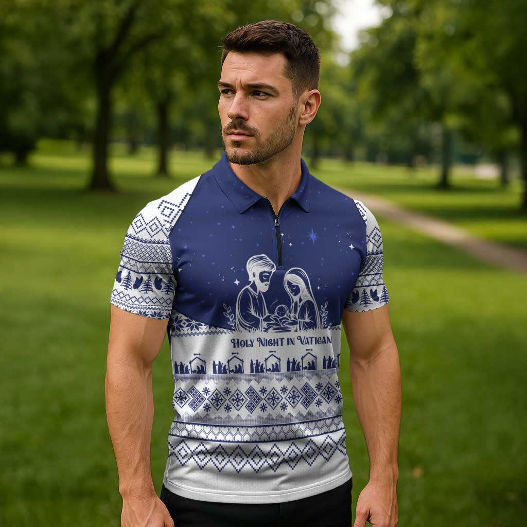 Vatican Christmas Zipper Polo Shirt with Holy Family Nativity Scene Snowflake Pattern and Starry Night - Wonder Print Shop