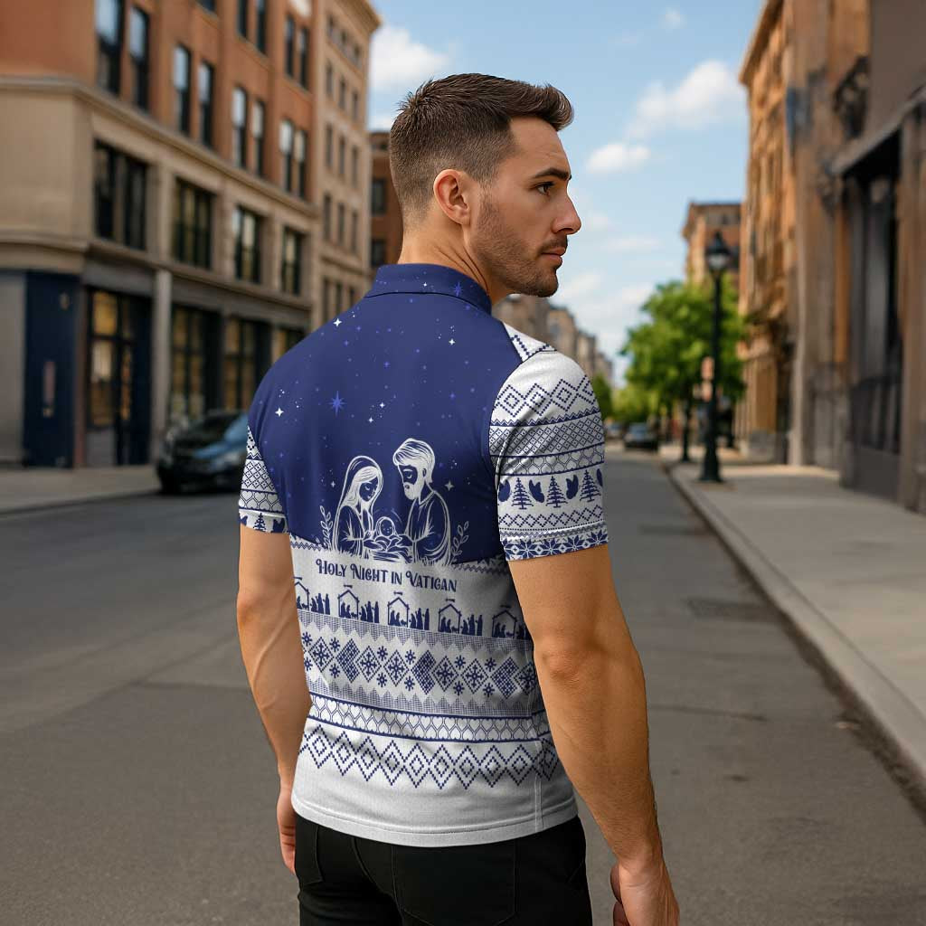 Vatican Christmas Zipper Polo Shirt with Holy Family Nativity Scene Snowflake Pattern and Starry Night - Wonder Print Shop