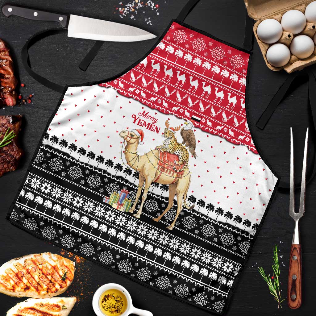 Yemen Christmas Apron with Camel Leopard Falcon Red Black White Snowflake - Wonder Print Shop