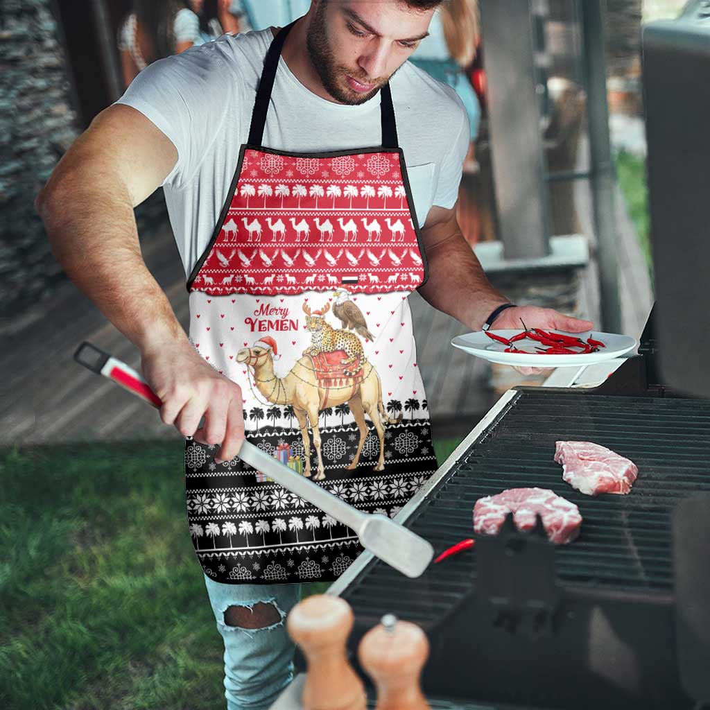 Yemen Christmas Apron with Camel Leopard Falcon Red Black White Snowflake - Wonder Print Shop