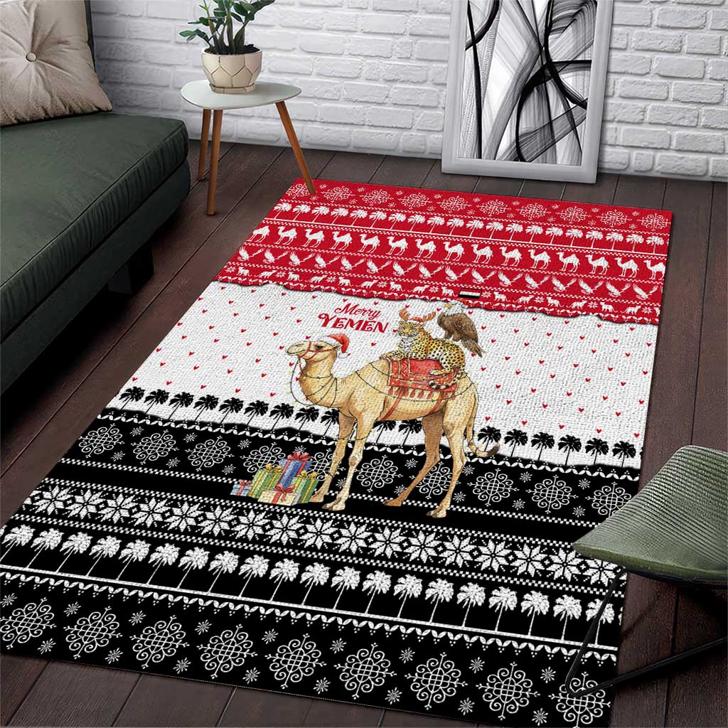 Yemen Christmas Area Rug with Camel Leopard Falcon Red Black White Snowflake - Wonder Print Shop