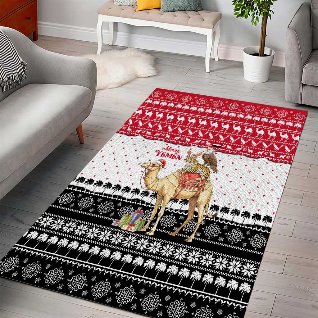Yemen Christmas Area Rug with Camel Leopard Falcon Red Black White Snowflake - Wonder Print Shop