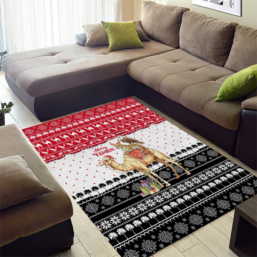 Yemen Christmas Area Rug with Camel Leopard Falcon Red Black White Snowflake - Wonder Print Shop